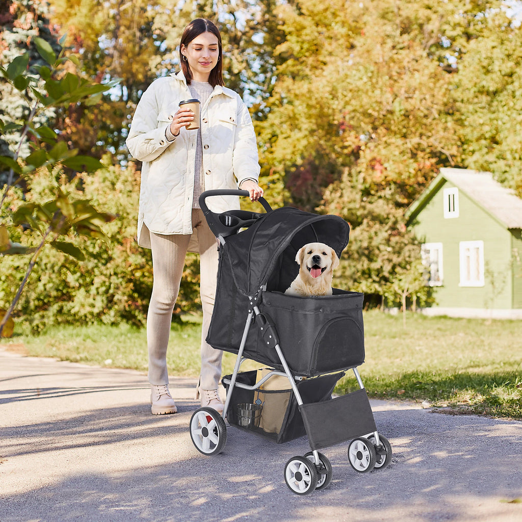 Dog Stroller 3/4-Wheels w/Storage Basket & Cup Holder Foldable Cat Pet Stroller