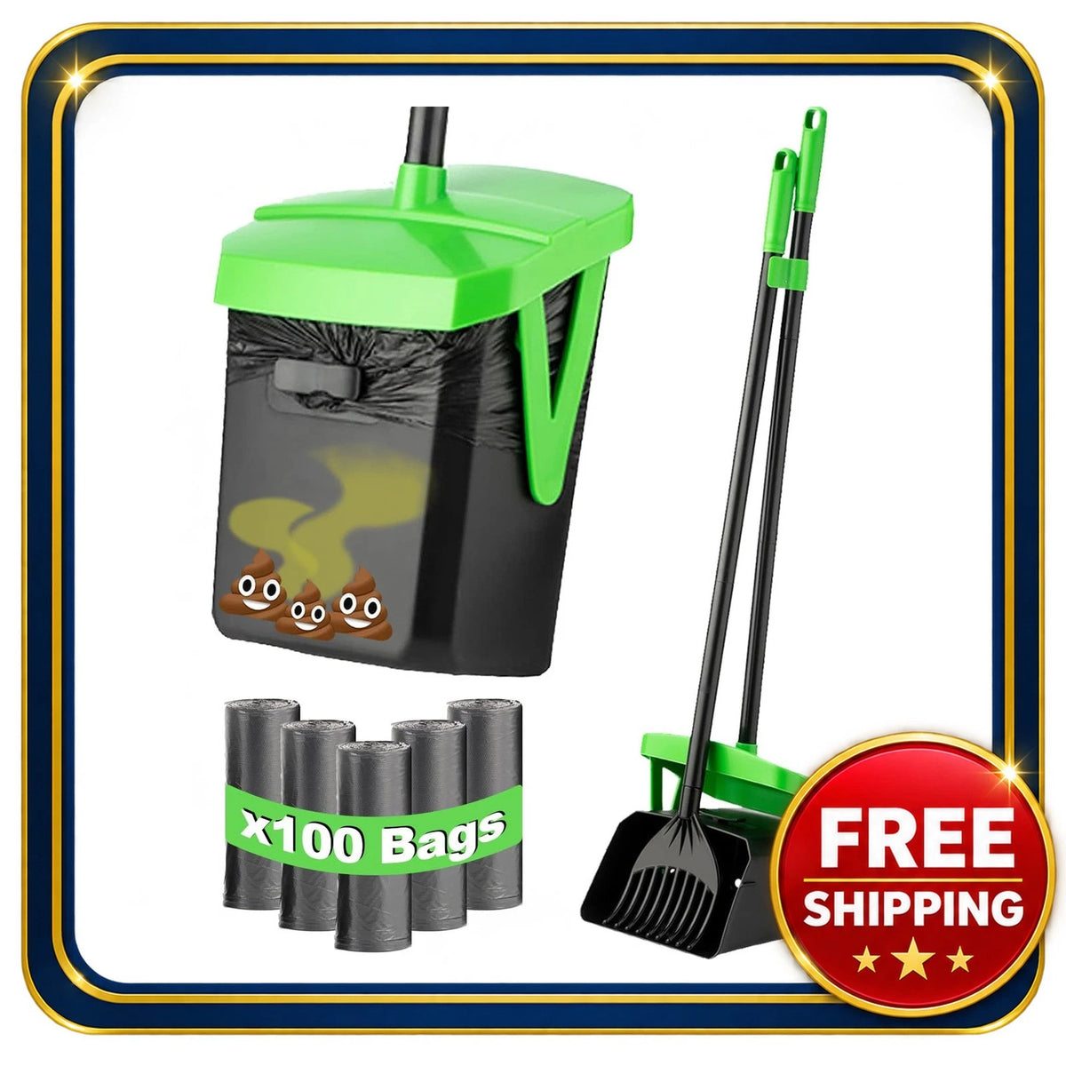 Dog Pooper Scooper Swivel Bin Rake Set with Odor Lid and Bag Attachment