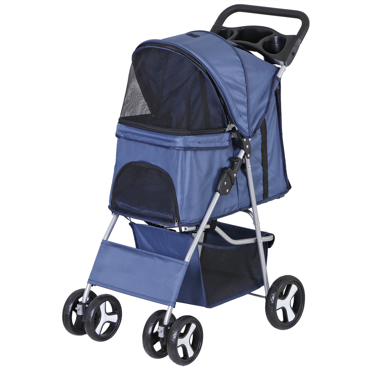 Dog Stroller 3/4-Wheels w/Storage Basket & Cup Holder Foldable Cat Pet Stroller