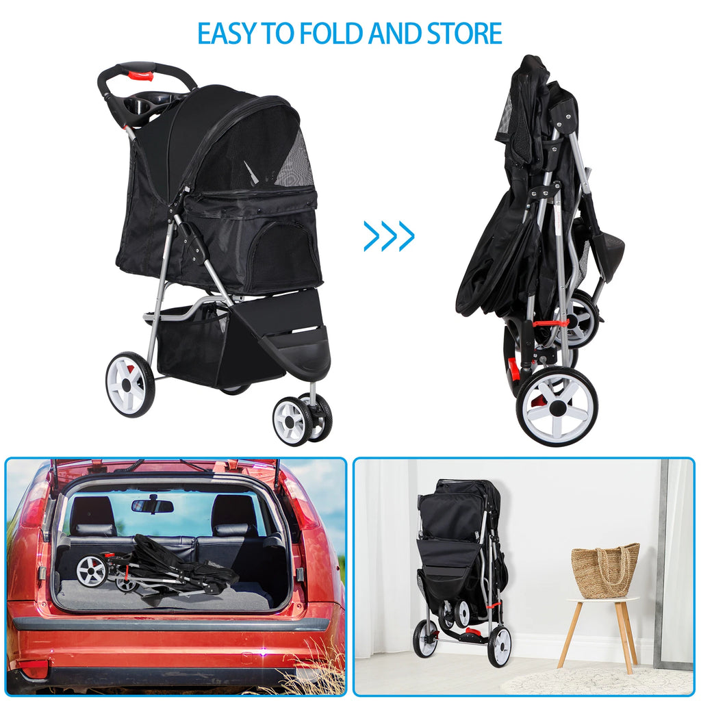 Dog Stroller 3/4-Wheels w/Storage Basket & Cup Holder Foldable Cat Pet Stroller