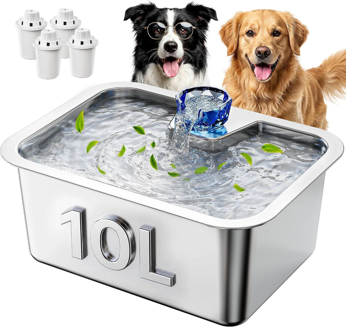 10 L Stainless Steel Dog Water Fountain for Large Dogs, 4 Filters
