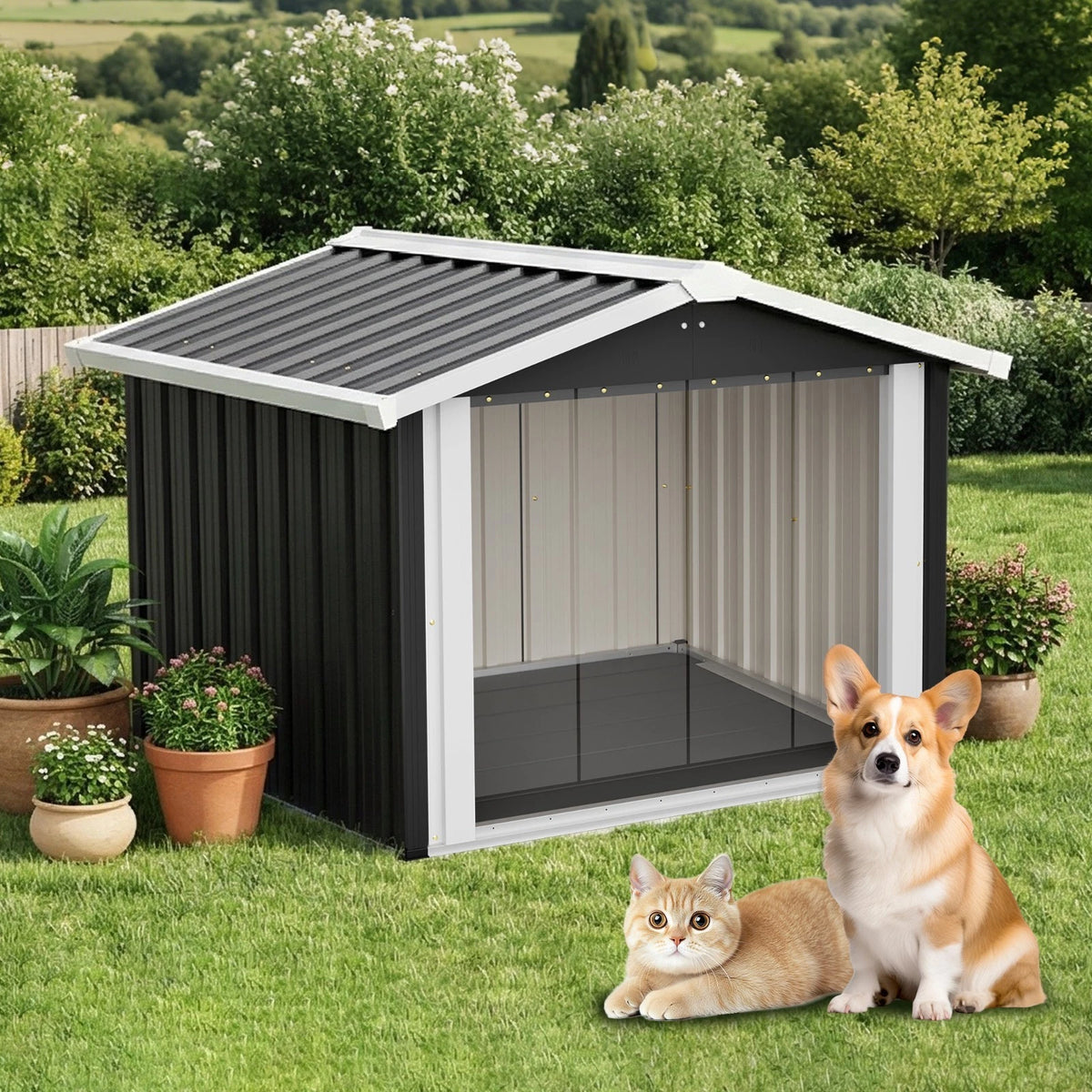 Large Metal Dog House Outdoor Indoor Pet Dog Shelter w/ PVC Door for Large Dogs