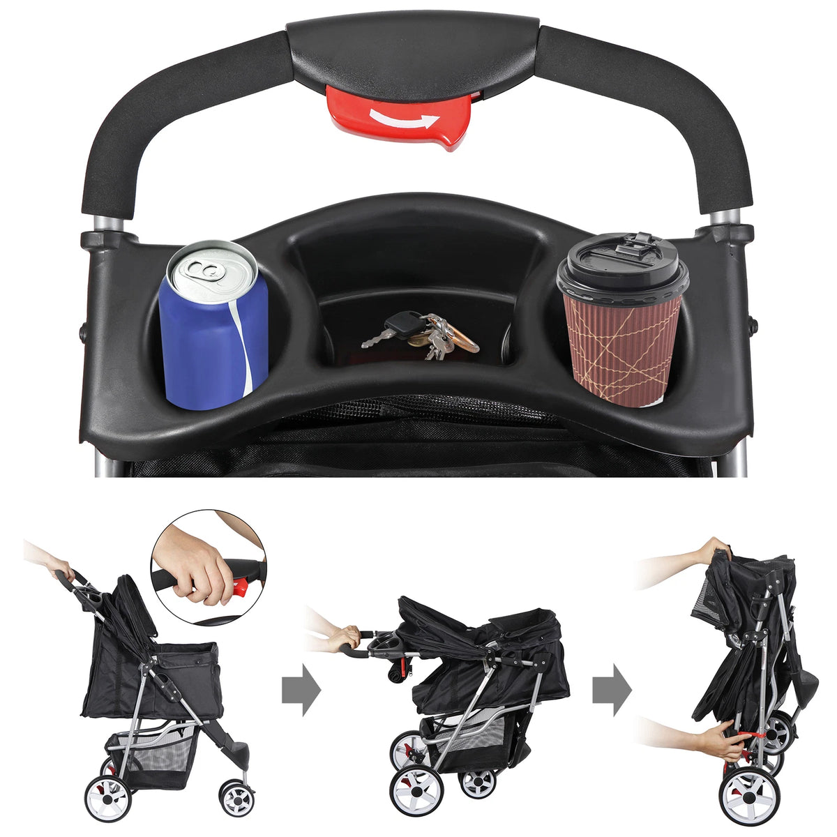 Dog Stroller 3/4-Wheels w/Storage Basket & Cup Holder Foldable Cat Pet Stroller