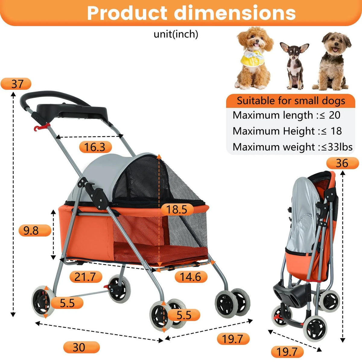 Pet Stroller 4 Wheels Posh Folding Waterproof Portable Travel Cat Dog Stroller