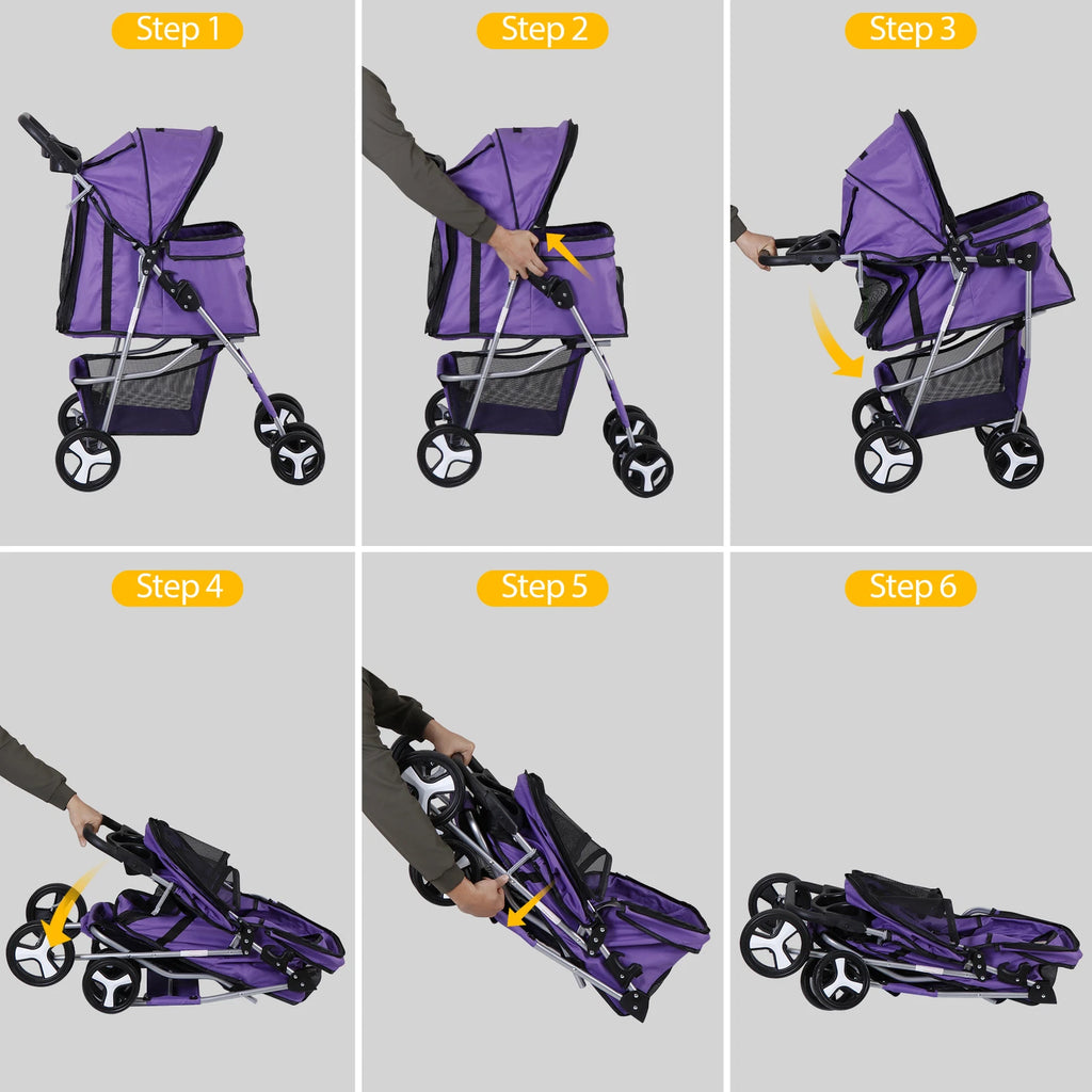 Dog Stroller 3/4-Wheels w/Storage Basket & Cup Holder Foldable Cat Pet Stroller