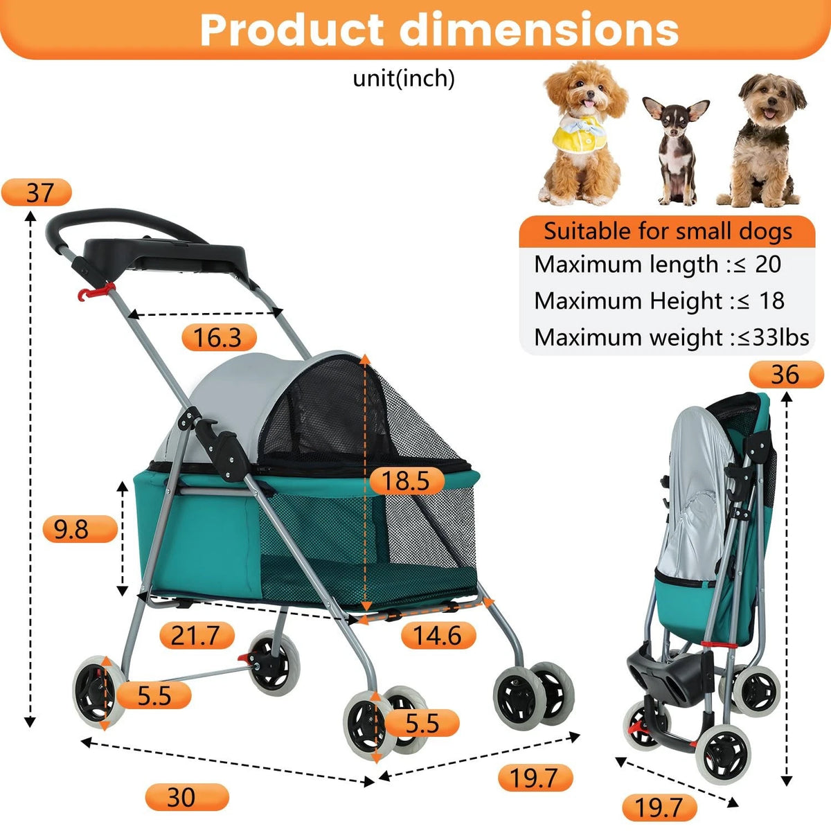 Pet Stroller 4 Wheels Posh Folding Waterproof Portable Travel Cat Dog Stroller