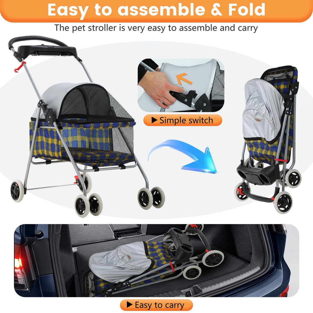 Pet Stroller 4 Wheels Posh Folding Waterproof Portable Travel Cat Dog Stroller