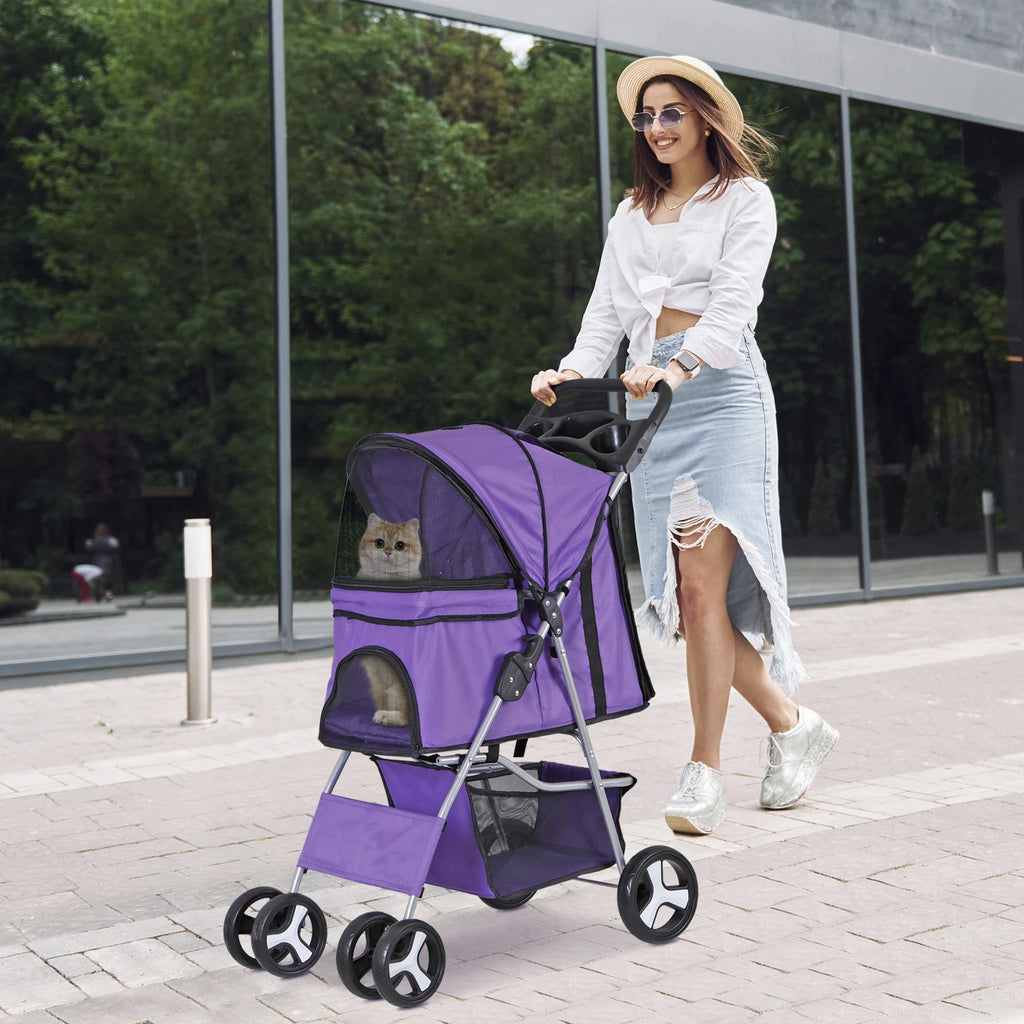Dog Stroller 3/4-Wheels w/Storage Basket & Cup Holder Foldable Cat Pet Stroller