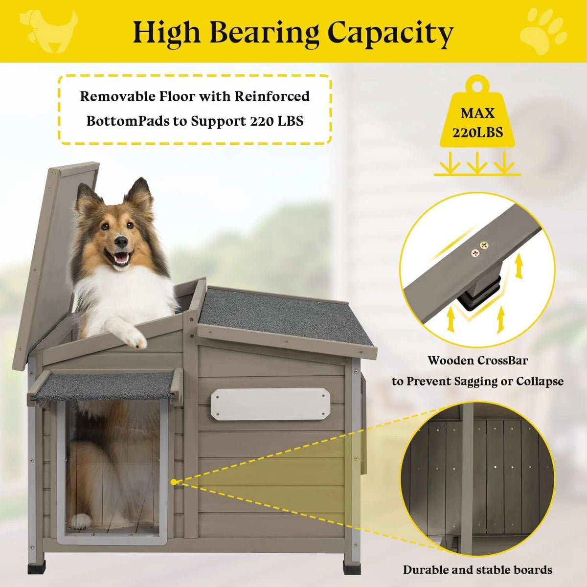 PETSCOSSET Dog House Outdoor Wooden Dog Kennel Indoor with Chew-Proof Iron Frame