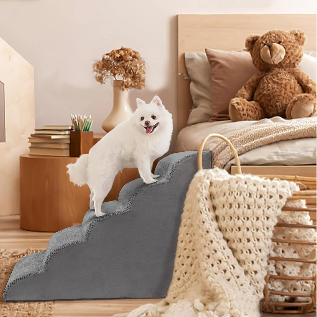 5-Tier Foam Dog Stair Extra Wide Non-Slip Pet Ramp for High Bed & Couch & Window