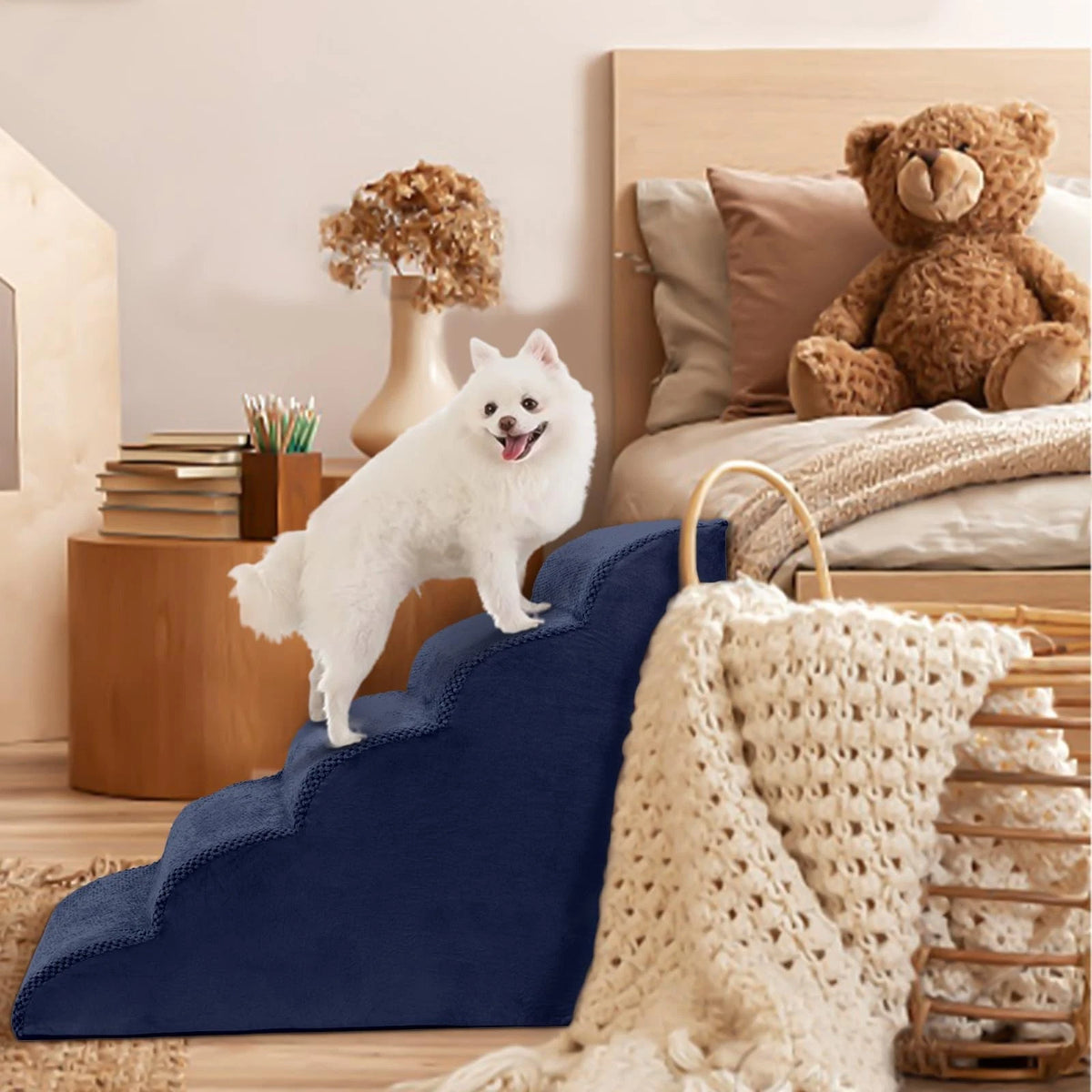 5-Tier Foam Dog Stair Extra Wide Non-Slip Pet Ramp for High Bed & Couch & Window
