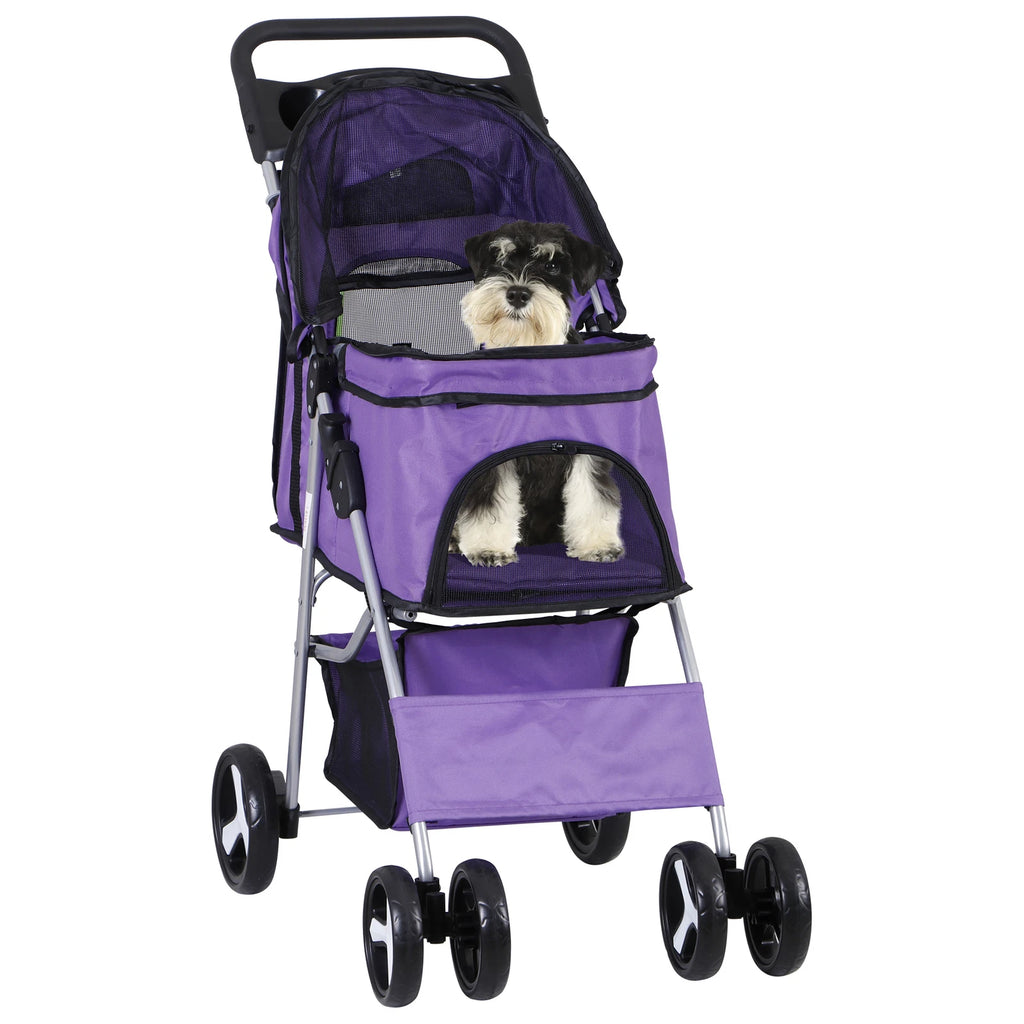 Dog Stroller 3/4-Wheels w/Storage Basket & Cup Holder Foldable Cat Pet Stroller