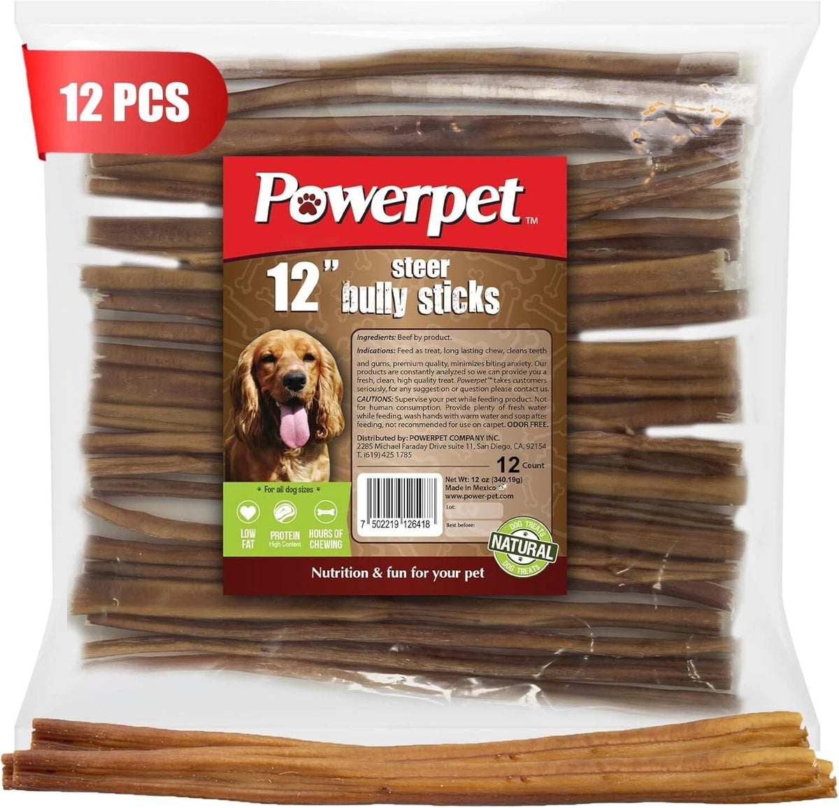 Powerpet-Bully Sticks 12" Steer-100% Natural Dog Chews & Treats, BRC Certified