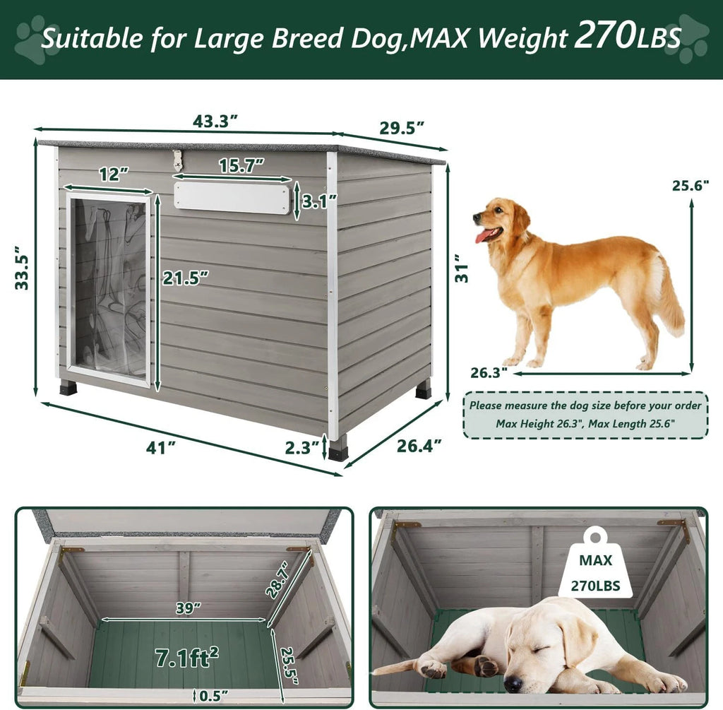 PETSCOSSET Large Wooden Dog House Outdoor Elevated Dog Kennel for Medium Dogs