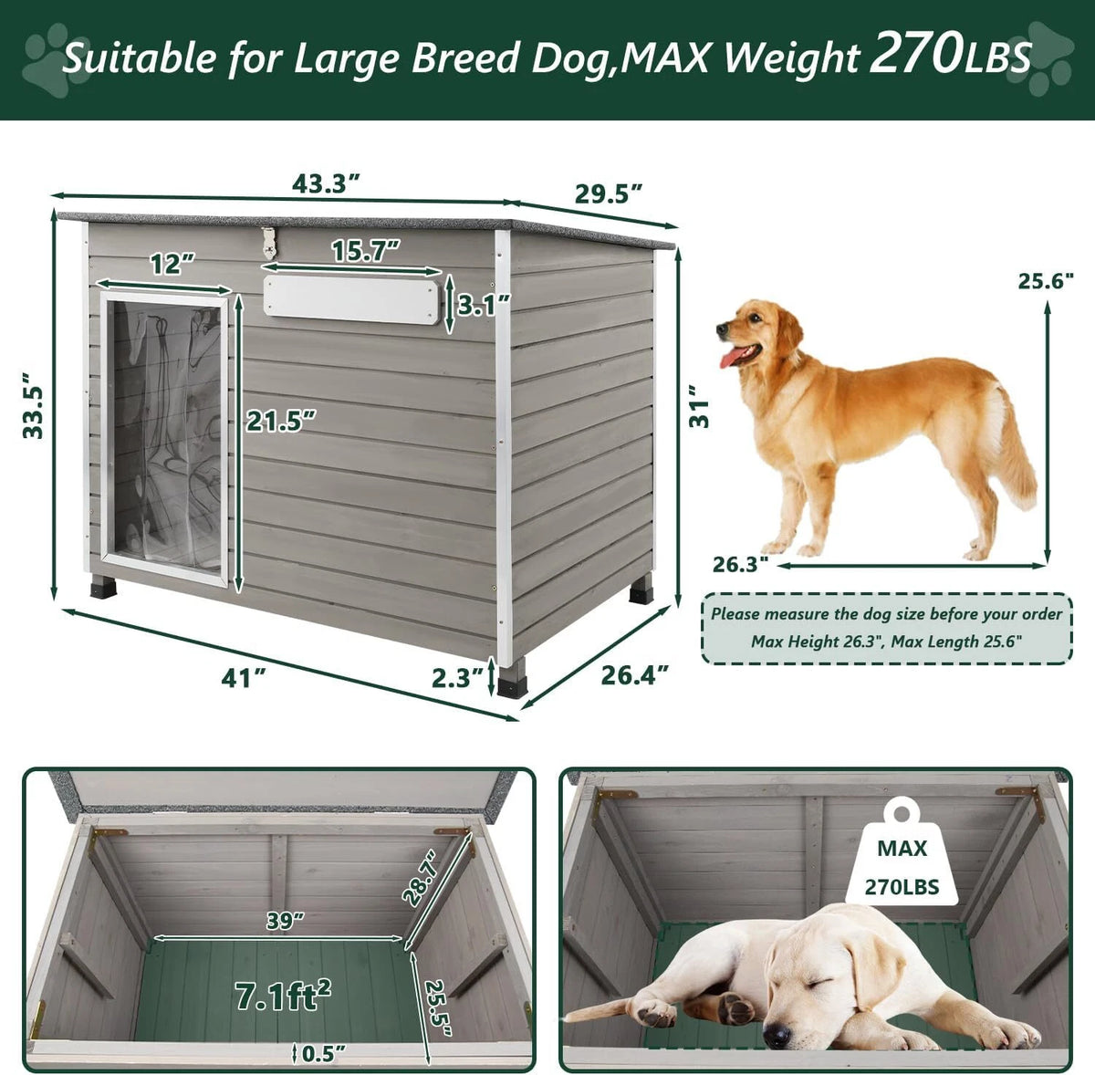PETSCOSSET Large Wooden Dog House Outdoor Elevated Dog Kennel for Medium Dogs