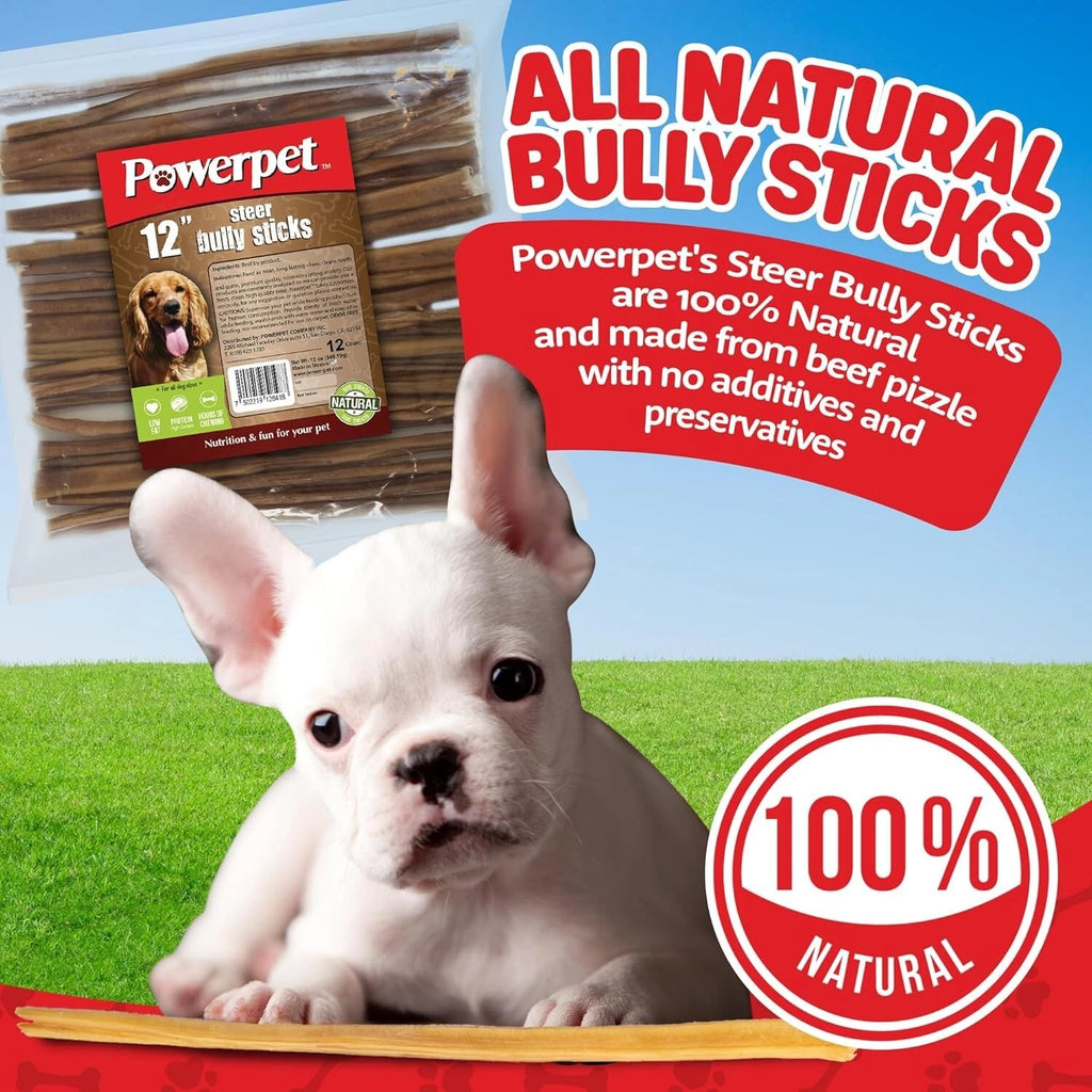 Powerpet-Bully Sticks 12" Steer-100% Natural Dog Chews & Treats, BRC Certified
