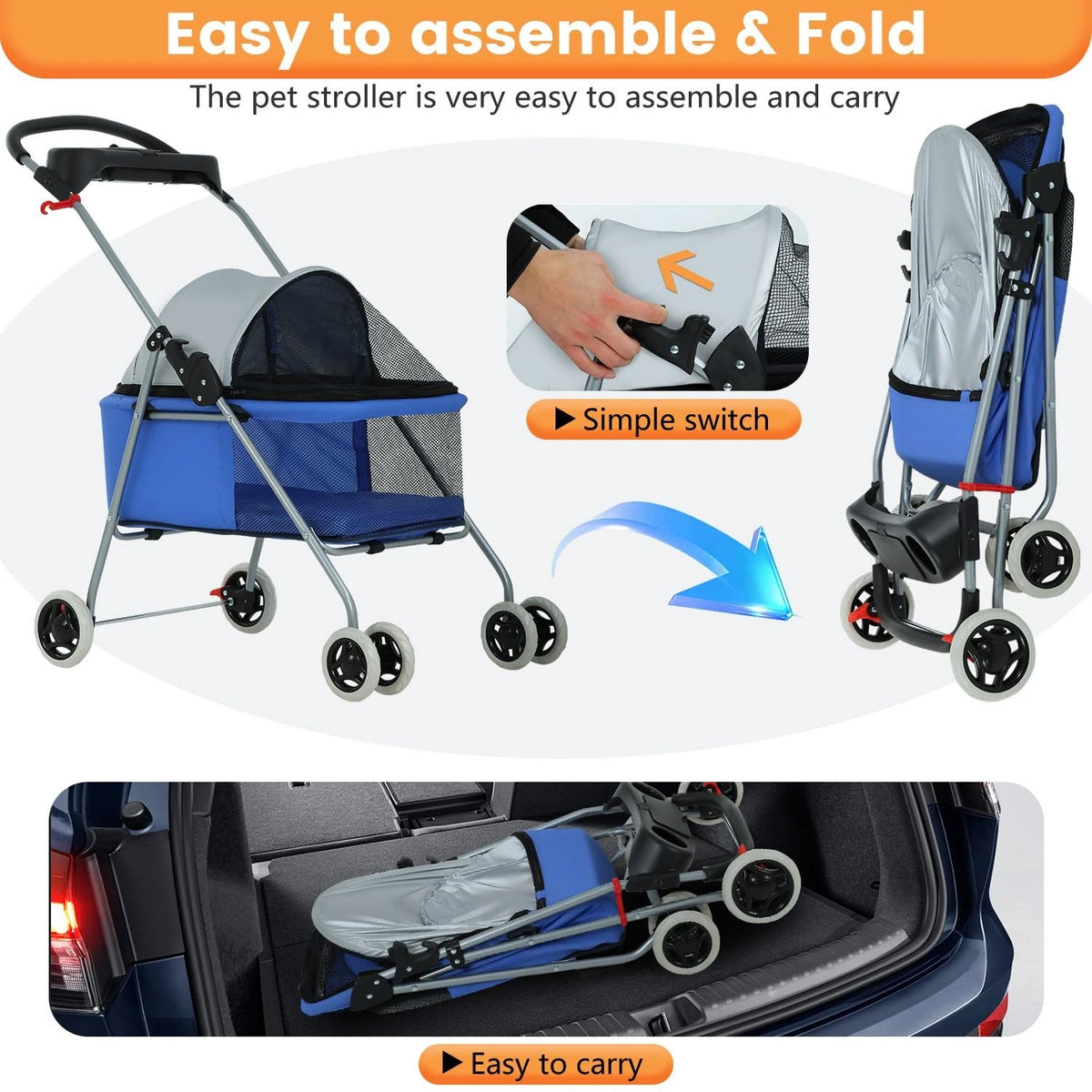 Pet Stroller 4 Wheels Posh Folding Waterproof Portable Travel Cat Dog Stroller