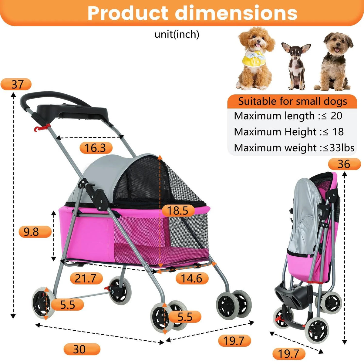 Pet Stroller 4 Wheels Posh Folding Waterproof Portable Travel Cat Dog Stroller