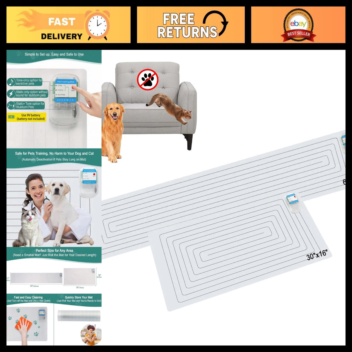 Pet Training Shock Mat Set - 2 Sizes for Dogs & Cats, Indoor Repellent Pads, 3 M