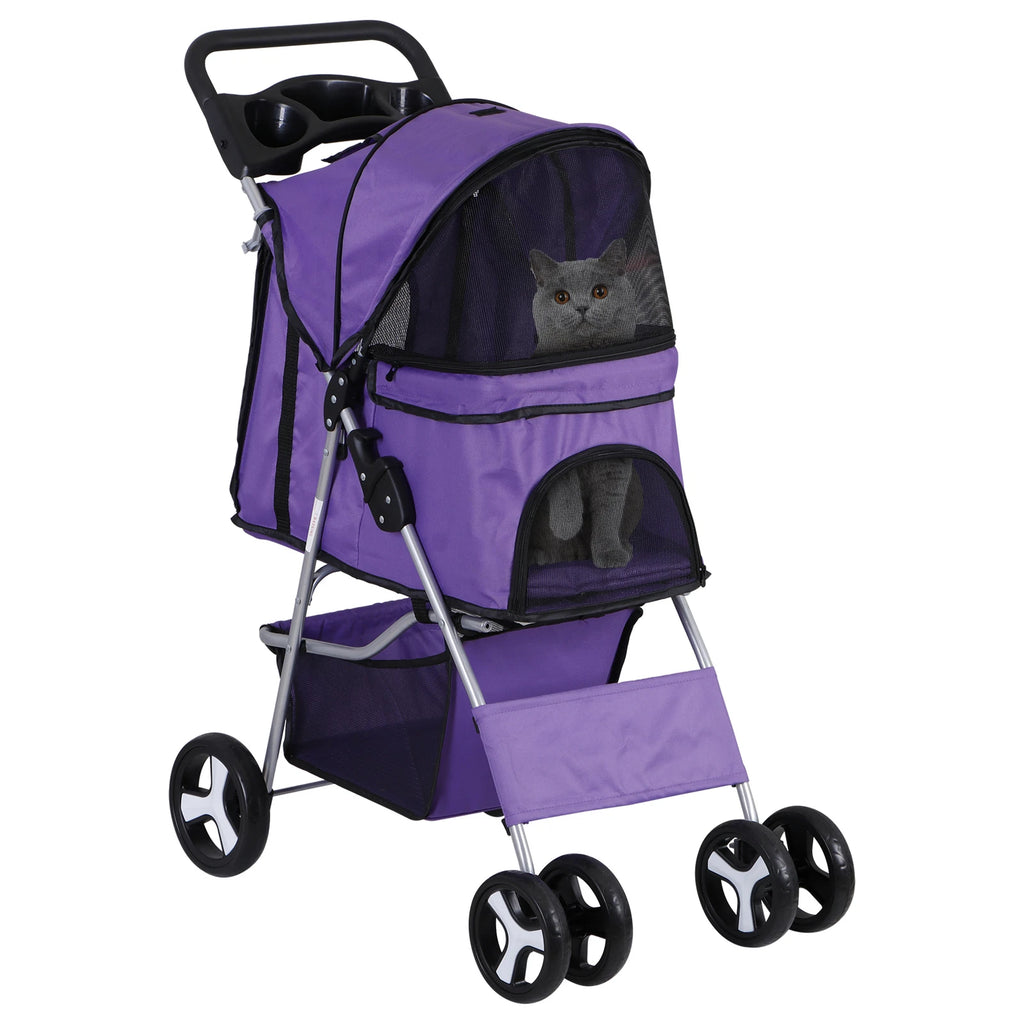 Dog Stroller 3/4-Wheels w/Storage Basket & Cup Holder Foldable Cat Pet Stroller
