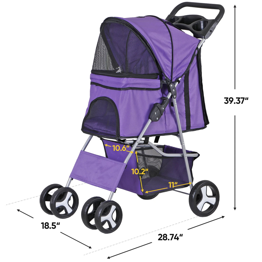 Dog Stroller 3/4-Wheels w/Storage Basket & Cup Holder Foldable Cat Pet Stroller