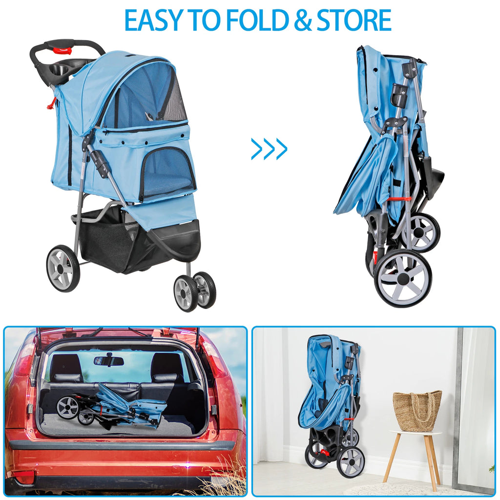 Dog Stroller 3/4-Wheels w/Storage Basket & Cup Holder Foldable Cat Pet Stroller