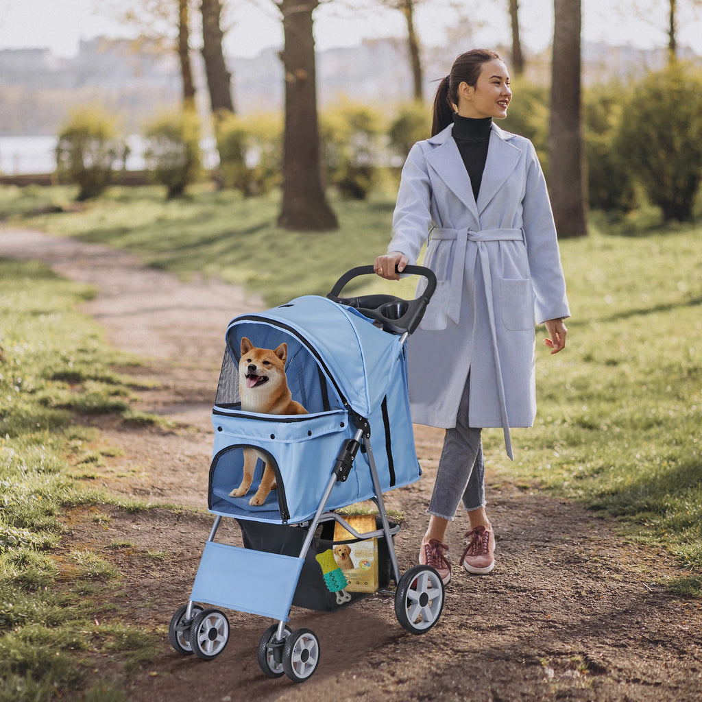 Dog Stroller 3/4-Wheels w/Storage Basket & Cup Holder Foldable Cat Pet Stroller