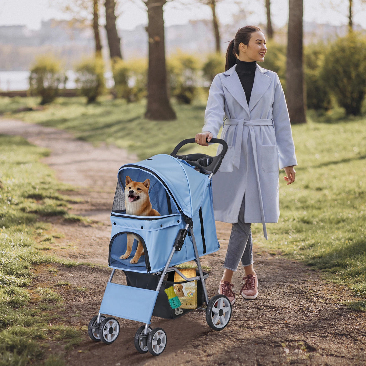 Dog Stroller 3/4-Wheels w/Storage Basket & Cup Holder Foldable Cat Pet Stroller