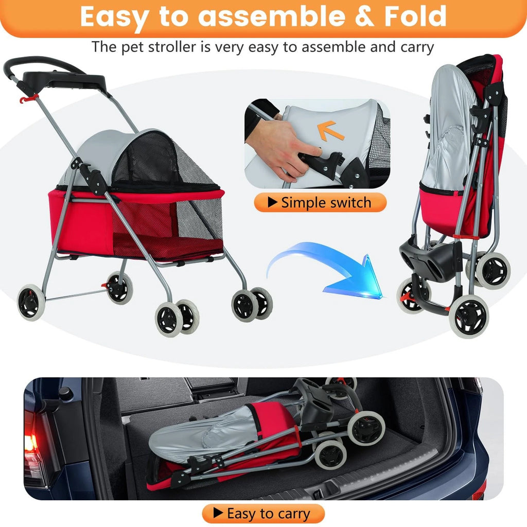 Pet Stroller 4 Wheels Posh Folding Waterproof Portable Travel Cat Dog Stroller