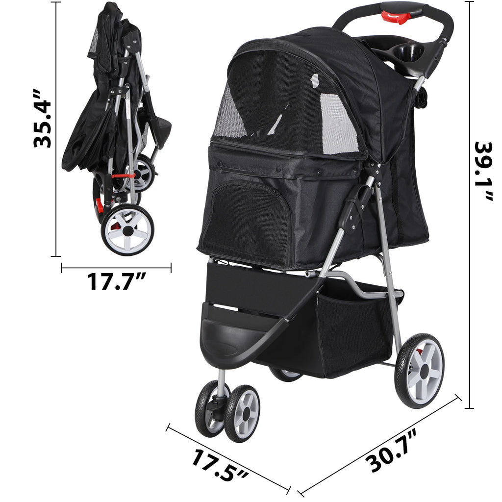 Dog Stroller 3/4-Wheels w/Storage Basket & Cup Holder Foldable Cat Pet Stroller