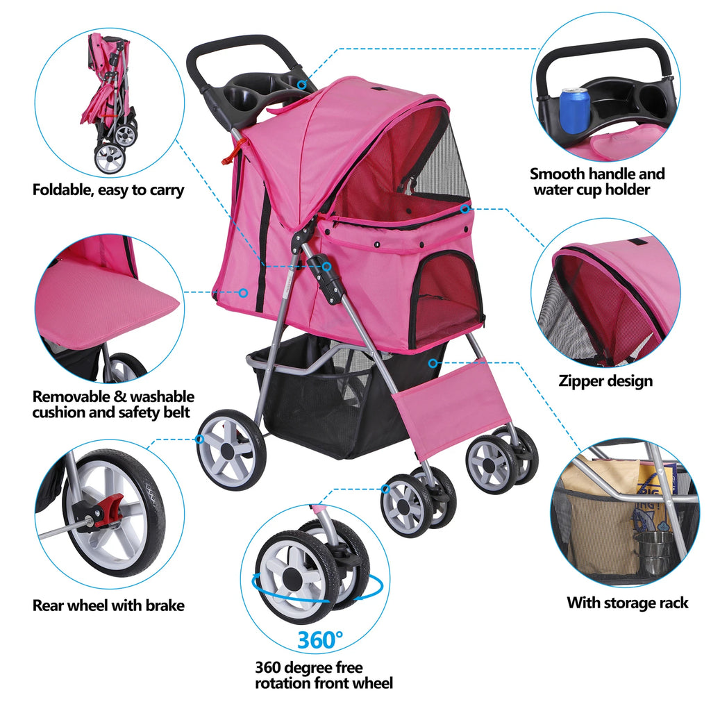 Dog Stroller 3/4-Wheels w/Storage Basket & Cup Holder Foldable Cat Pet Stroller
