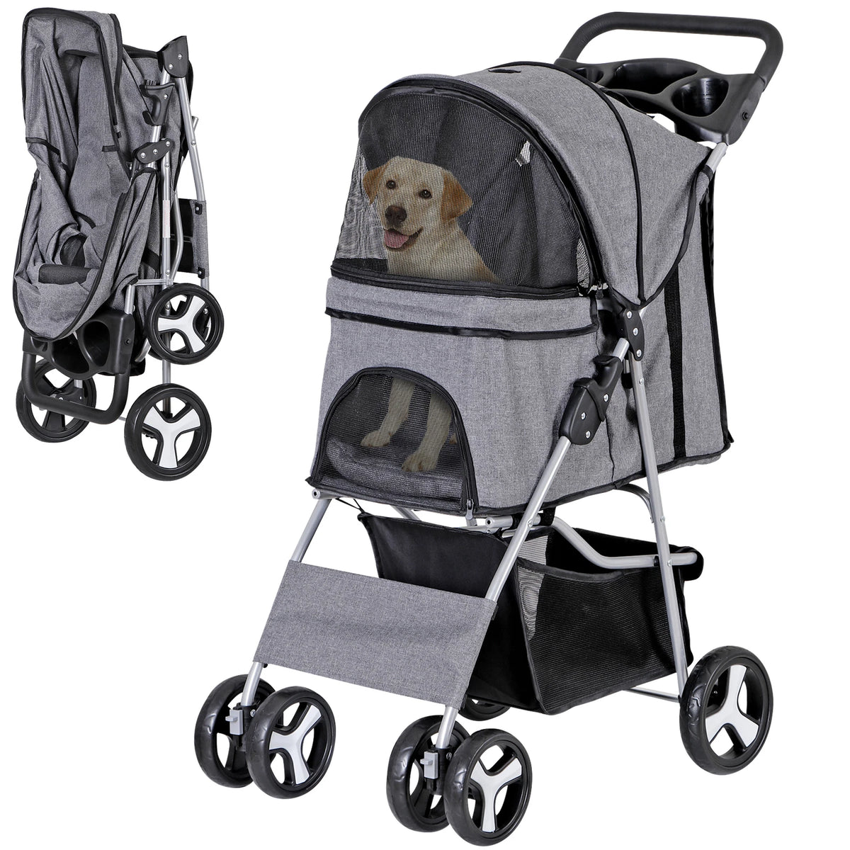 Dog Stroller 3/4-Wheels w/Storage Basket & Cup Holder Foldable Cat Pet Stroller