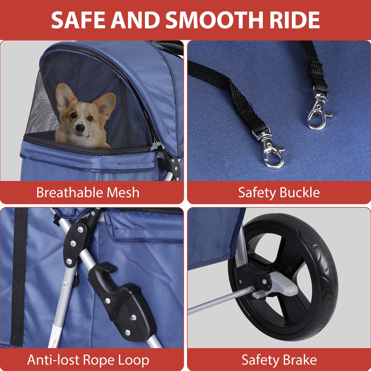 Dog Stroller 3/4-Wheels w/Storage Basket & Cup Holder Foldable Cat Pet Stroller
