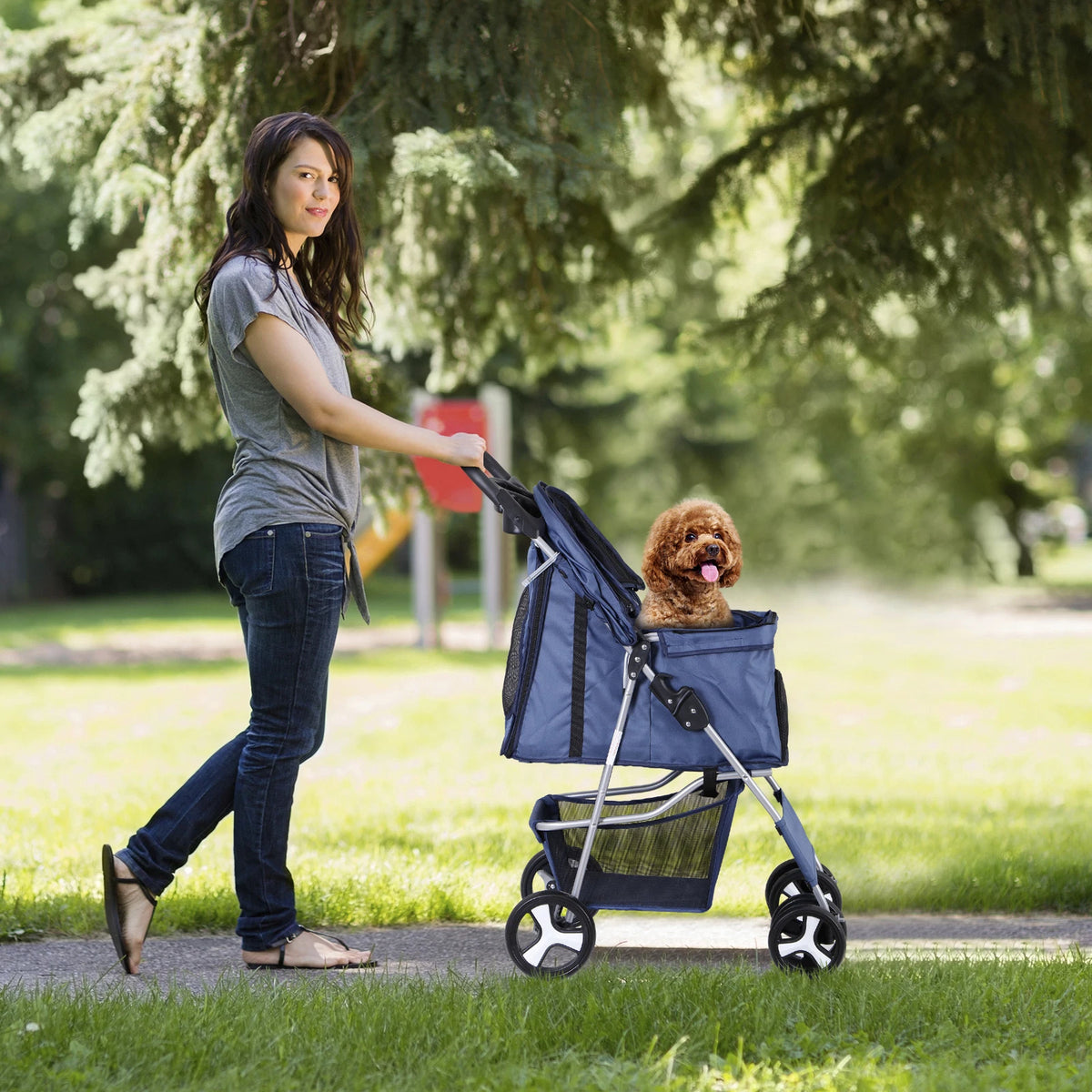 Dog Stroller 3/4-Wheels w/Storage Basket & Cup Holder Foldable Cat Pet Stroller