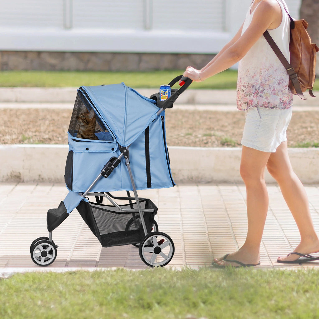 Dog Stroller 3/4-Wheels w/Storage Basket & Cup Holder Foldable Cat Pet Stroller