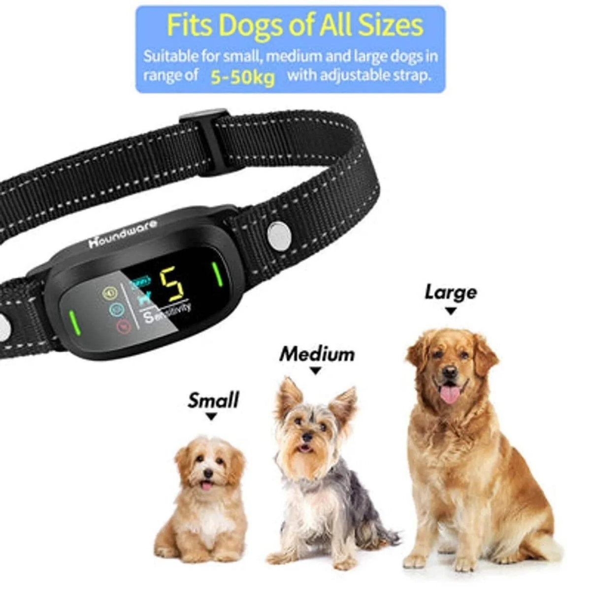\[Houndware\] Multi-Functional Anti-Bark Collar - IP67, Dual Sensors, 4 Modes, Qui