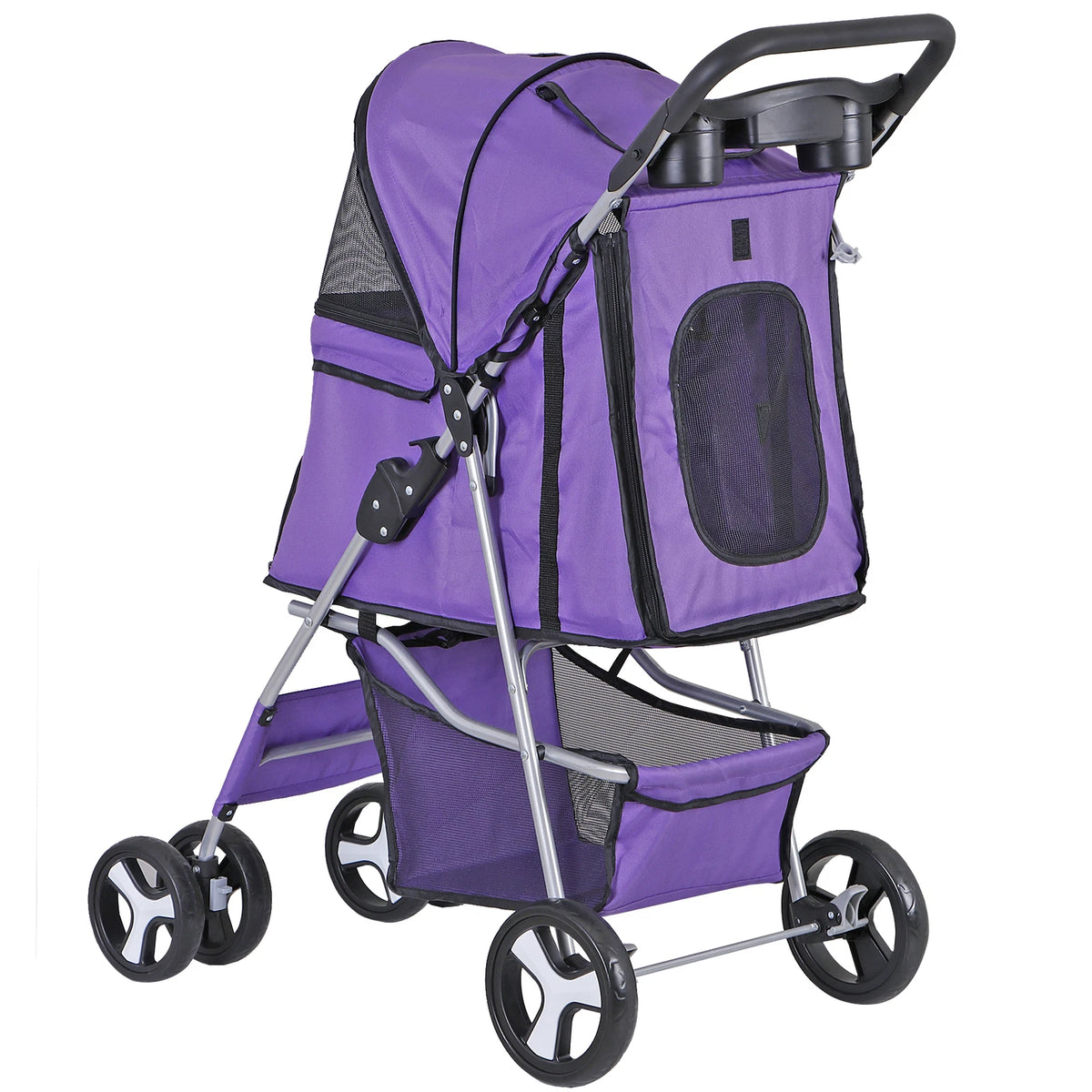 Dog Stroller 3/4-Wheels w/Storage Basket & Cup Holder Foldable Cat Pet Stroller