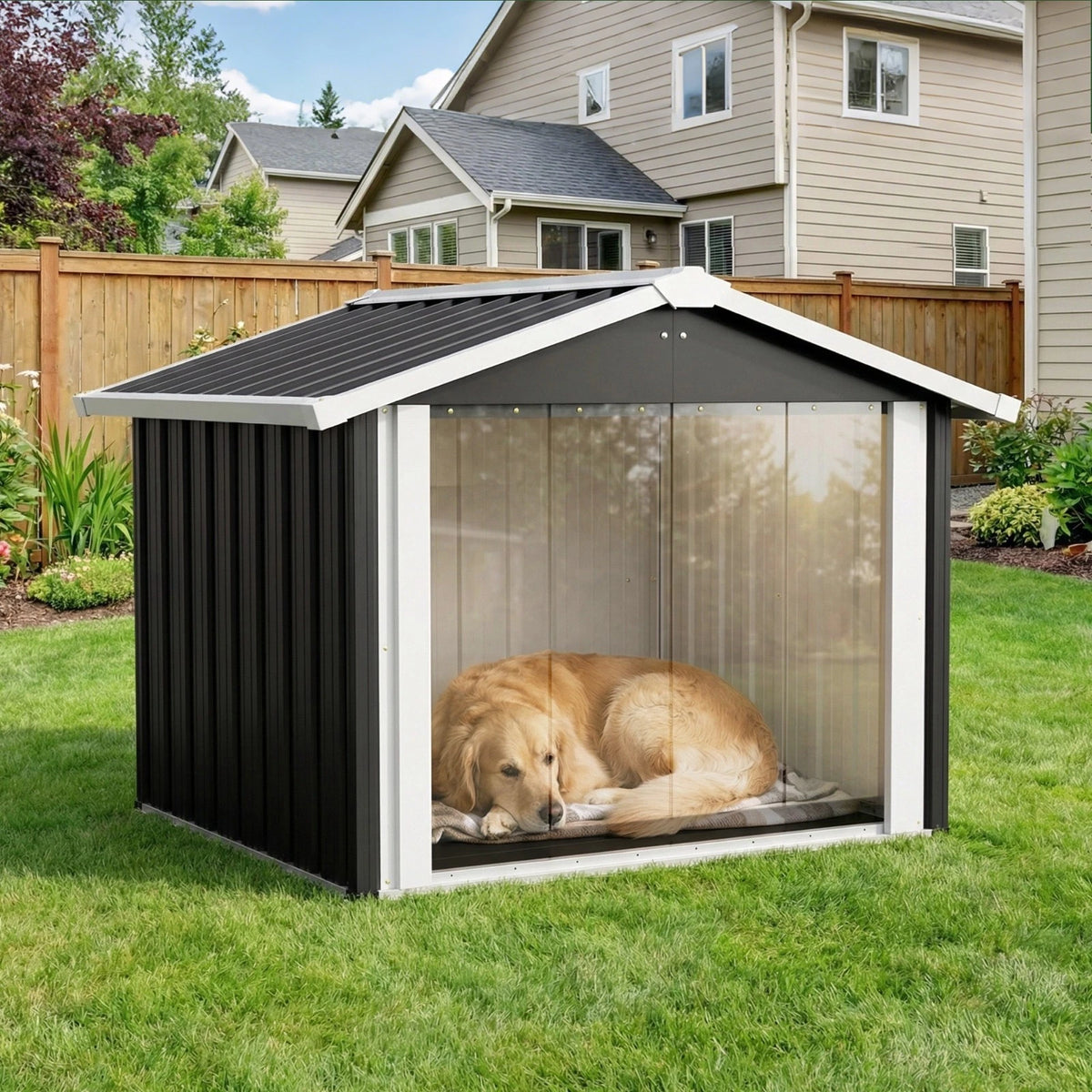Large Metal Dog House Outdoor Indoor Pet Dog Shelter w/ PVC Door for Large Dogs