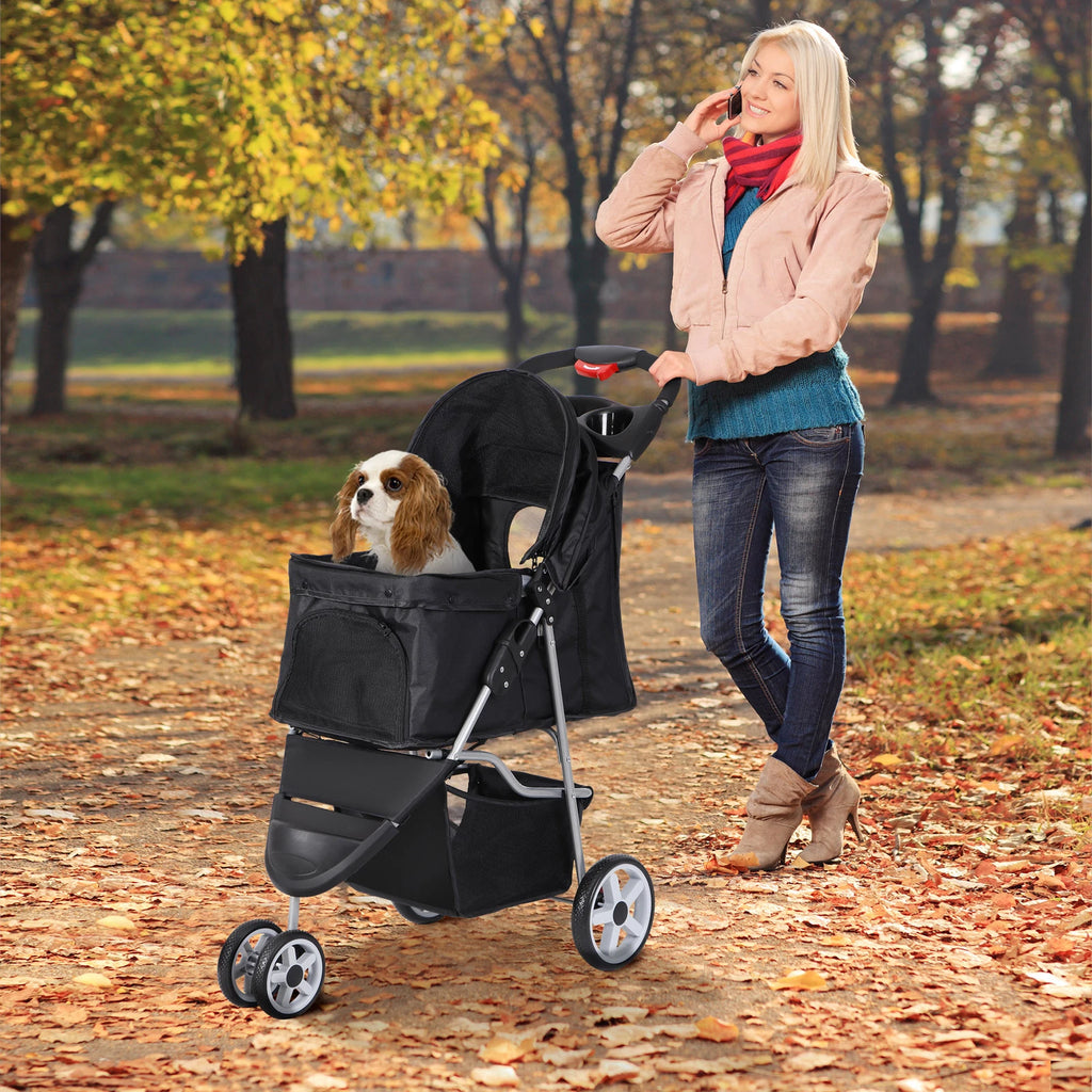 Dog Stroller 3/4-Wheels w/Storage Basket & Cup Holder Foldable Cat Pet Stroller