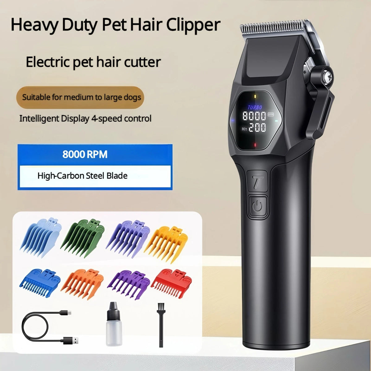 Professional 8000RPM Pet Clipper Kit for Large Dogs & Cats, Type-C, 4 Speeds