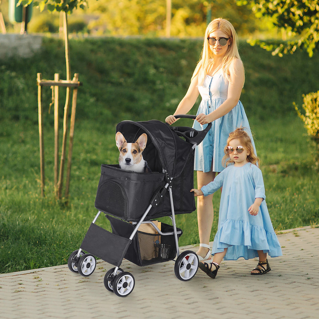 Dog Stroller 3/4-Wheels w/Storage Basket & Cup Holder Foldable Cat Pet Stroller