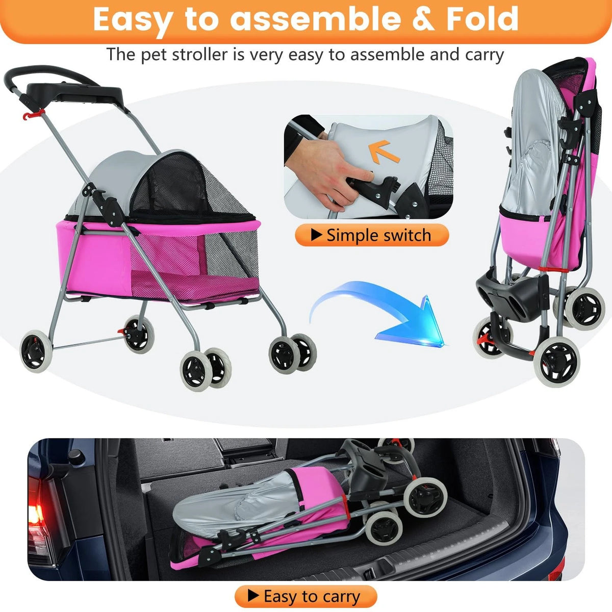 Pet Stroller 4 Wheels Posh Folding Waterproof Portable Travel Cat Dog Stroller