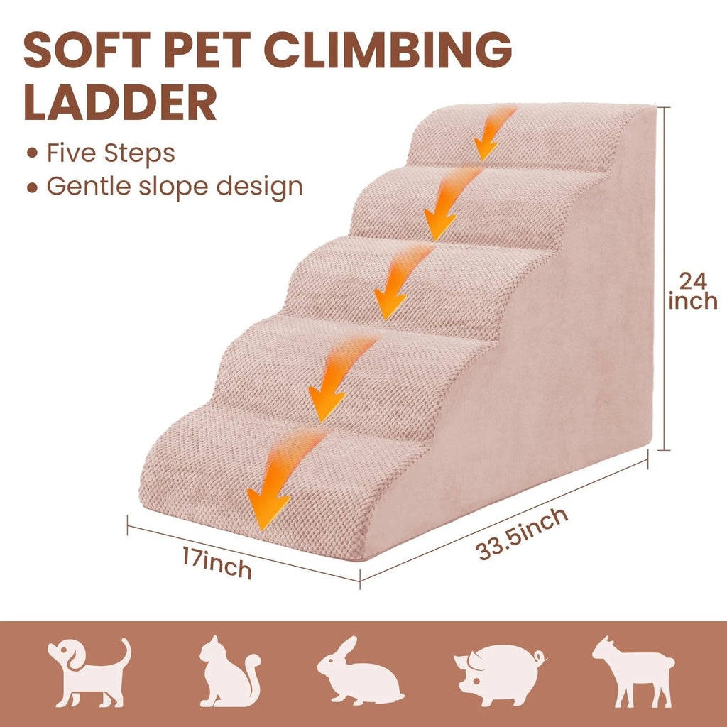5-Tier Foam Dog Stair Extra Wide Non-Slip Pet Ramp for High Bed & Couch & Window