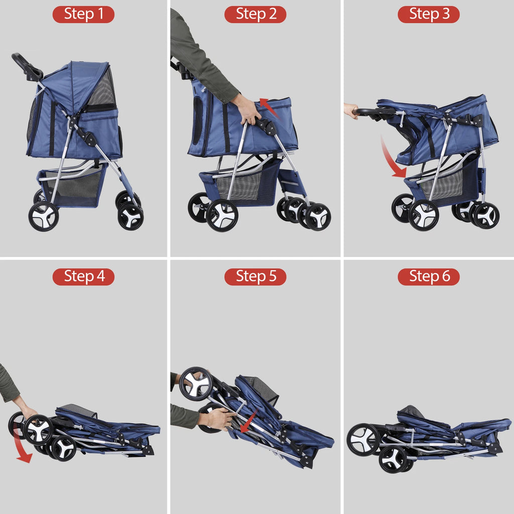 Dog Stroller 3/4-Wheels w/Storage Basket & Cup Holder Foldable Cat Pet Stroller