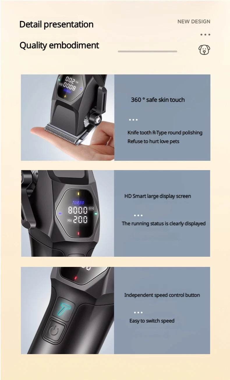 Professional 8000RPM Pet Clipper Kit for Large Dogs & Cats, Type-C, 4 Speeds