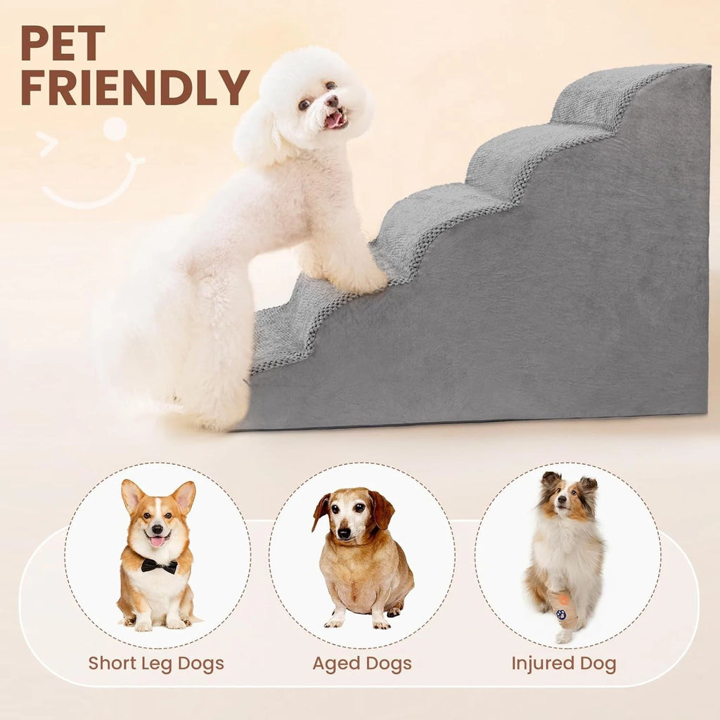 5-Tier Foam Dog Stair Extra Wide Non-Slip Pet Ramp for High Bed & Couch & Window