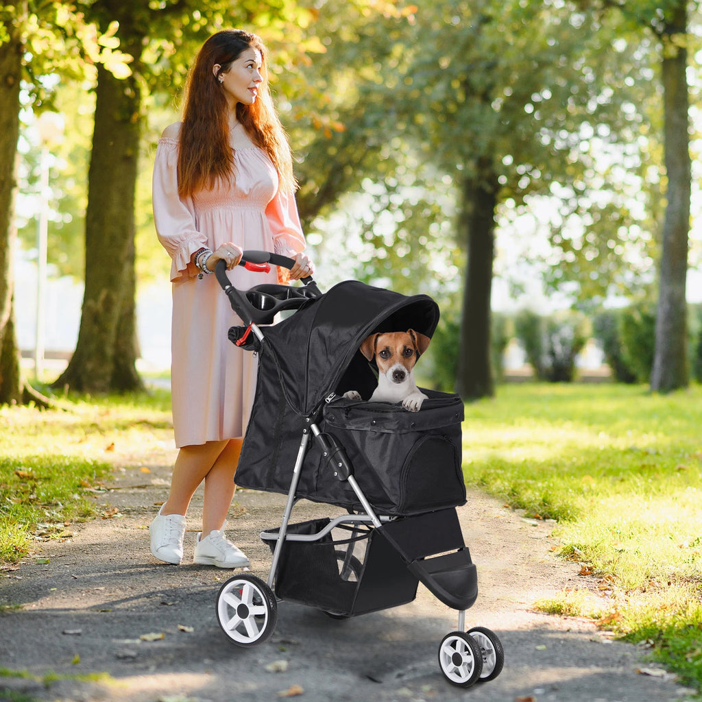 Dog Stroller 3/4-Wheels w/Storage Basket & Cup Holder Foldable Cat Pet Stroller