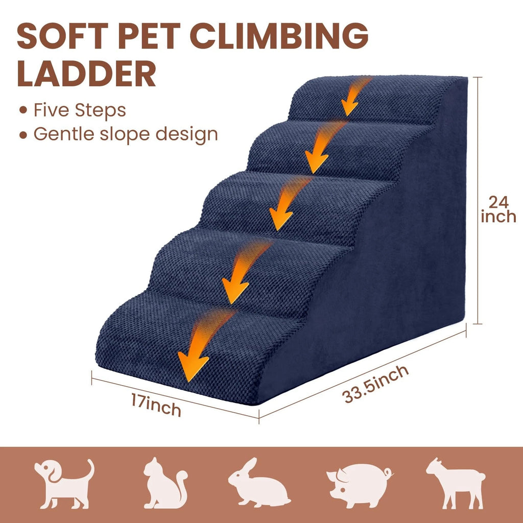 5-Tier Foam Dog Stair Extra Wide Non-Slip Pet Ramp for High Bed & Couch & Window