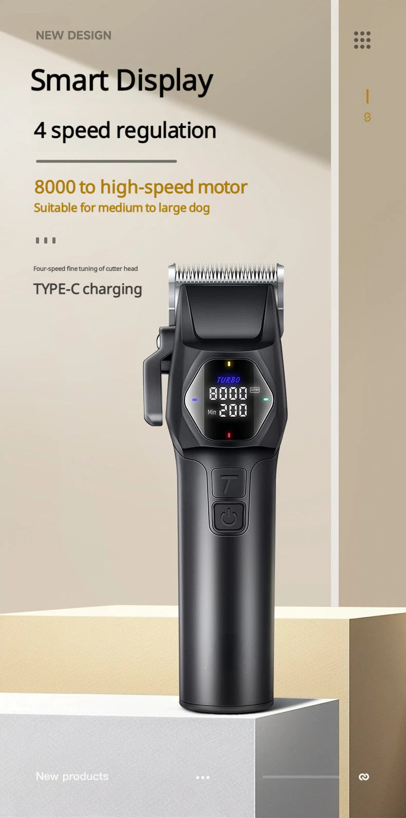 Professional 8000RPM Pet Clipper Kit for Large Dogs & Cats, Type-C, 4 Speeds