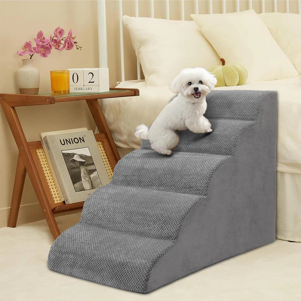 5-Tier Foam Dog Stair Extra Wide Non-Slip Pet Ramp for High Bed & Couch & Window